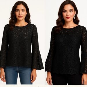 MNG Black Scalloped Lace Bell Sleeve Blouse, Feminine, Whimsy Goth Cocktails 4